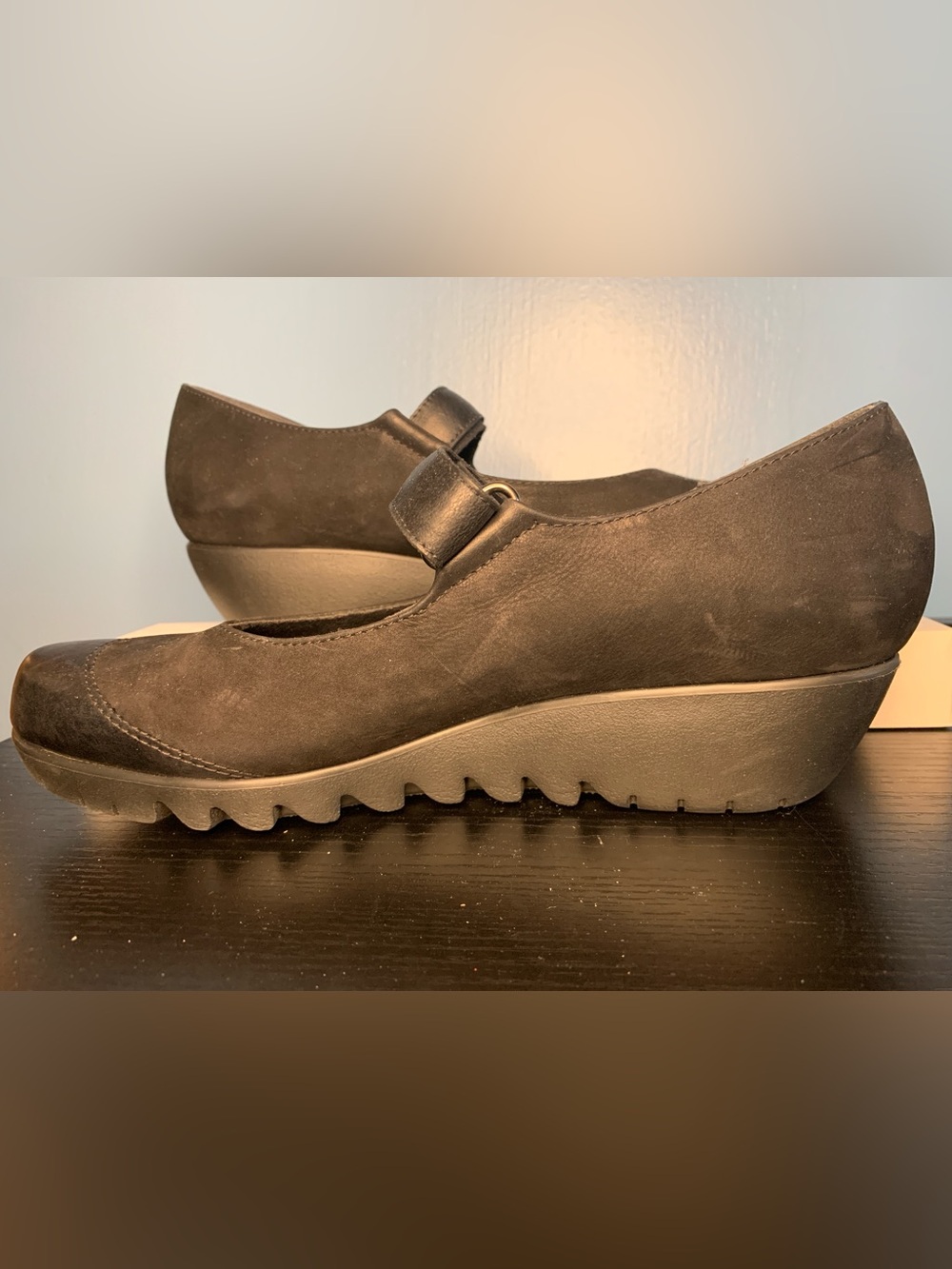 Munro Black Suede Walking Mary Jane Wedge